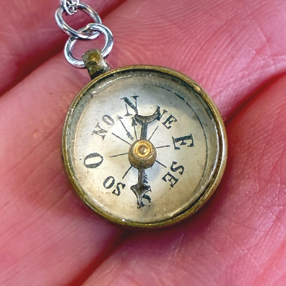 Vintage Brass Compass Pendant Necklace Etched Floral Sterling Silver Chain
